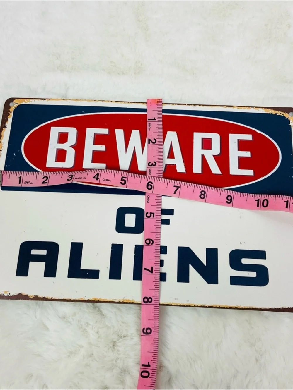 NWOT Retro rustic 'Beware of Aliens' Metal Sign - Red, Navy, White